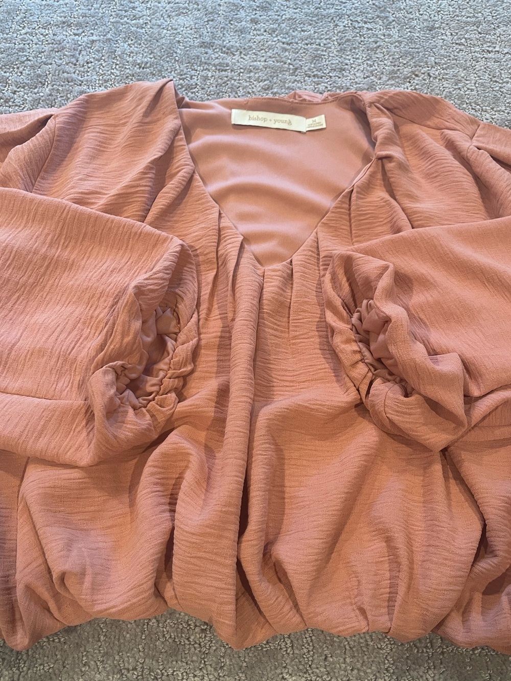 Bishop + Young Bubble Hem Long-Sleeve Blouse, Cropped, V Neck, Pink, Size M - Picture 12 of 16